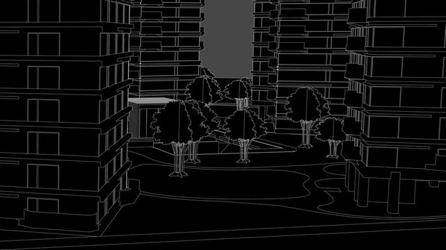 Animation of a Generic Apartment Building Complex, Seamless Looped Animation, linework, black