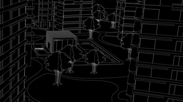Animation of a Generic Apartment Building Complex, Seamless Looped Animation, linework, black