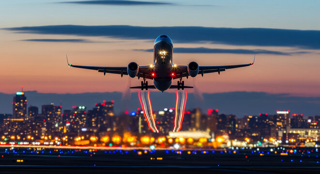 Dramatic airplane taking off at dusk with a vibrant city skyline in the background creating a sense of travel