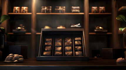 Dark, warm chocolate shop interior.  Display case of chocolates.  Shelves filled with gifts