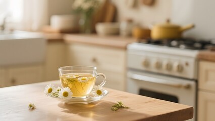 A cup of chamomile tea on a wooden table in a cozy kitchen setting