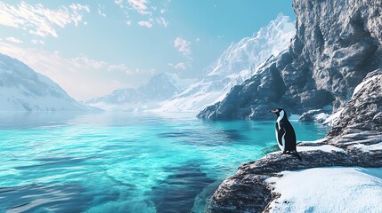 Penguin in high altitude snow with glowing light high resolution picture