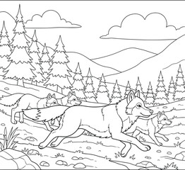 Pack of Wolves Running Through a Forest Landscape – Wildlife Line Art Illustration for Coloring Pages and Nature-Themed Printable Activities
