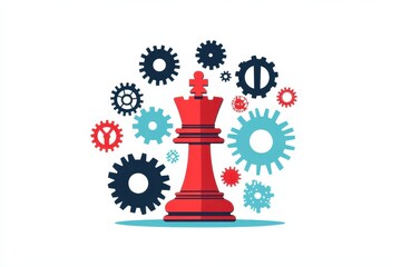 Red Chess King Surrounded by Colorful Gears and Mechanical Elements