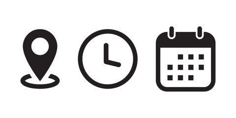 Time, date and address icon isolated set. Event elements. containing Calendar, address location pointer and alarm bell icon vector.
