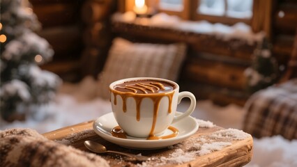 Warm Caramel Coffee in a Snowy Cabin Setting