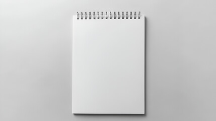 A top-down view of a blank spiral-bound notebook with a clean white page on a light gray surface.