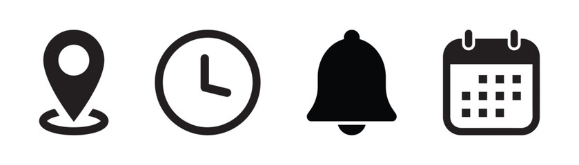 Time, date and address icon isolated set. Event elements. containing Calendar, address location pointer and alarm bell icon vector.