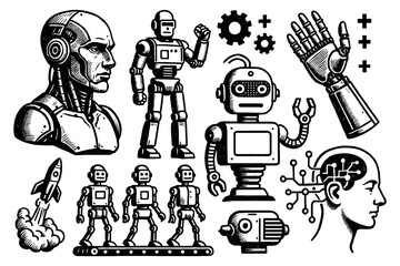 Obraz premium Futuristic humanoid robots and android heads in retro sci-fi style, Transparent Background
