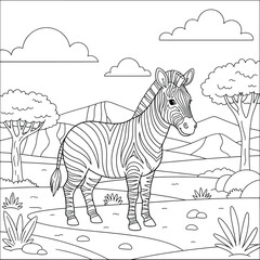 Standing Zebra in African Landscape – Black and White Line Art Illustration for Coloring Books and Safari Wildlife Education