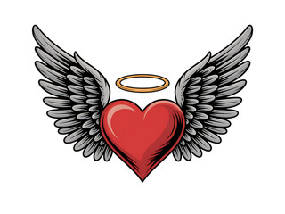 Red heart with angel wings and halo isolated on transparent background