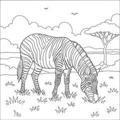 Zebra Grazing in the African Savannah – Black and White Line Art Drawing for Coloring Pages and Wildlife Illustration