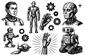 Futuristic humanoid robots and android heads in retro sci-fi style, Transparent Background