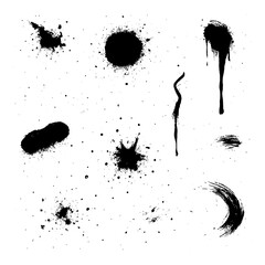 Grunge spray paint splatters and ink drips in abstract shape set, Transparent Background