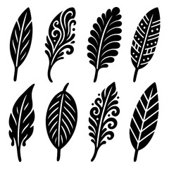 Hand-drawn decorative feathers with tribal and boho patterns, Transparent Background