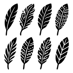 Hand-drawn decorative feathers with tribal and boho patterns, Transparent Background