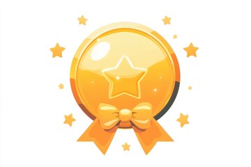 Shiny Golden Medal with Star and Ribbon on White Background
