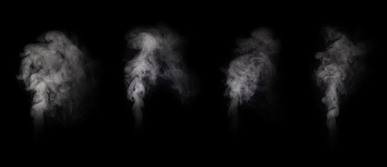 Fog or smoke, steam collection isolated on black background. White cloudiness, mist or smog background.