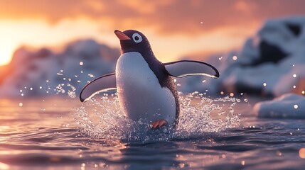 Penguin jumps forward while water sprays everywhere high resolution picture