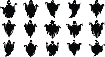 a collection of spooky halloween ghost illustrations in black silhouette