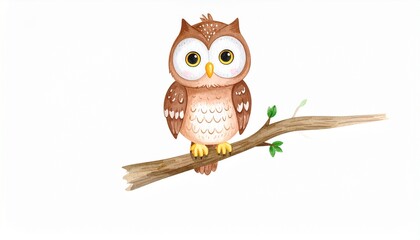 An adorable cartoon brown and white owl with big eyes perched on a branch, a charming watercolor illustration.