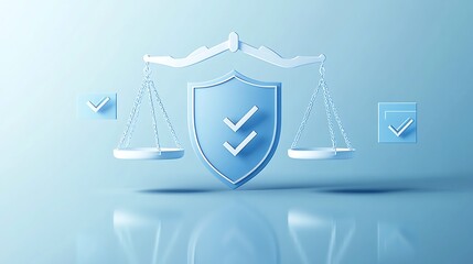 Conceptual image showing scales of justice with shield and check marks in blue tones