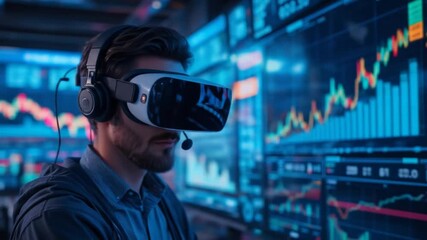Immersive Finance: Man Analyzing Stock Market with VR Headset Experience - Powered by Adobe