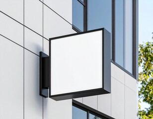 Modern minimalist exterior building signage featuring a blank square sign mockup with a black frame, ready for custom branding and logo display.