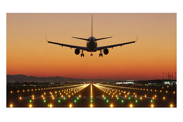 Airplane landing on runway at sunset with city lights aircraft airport