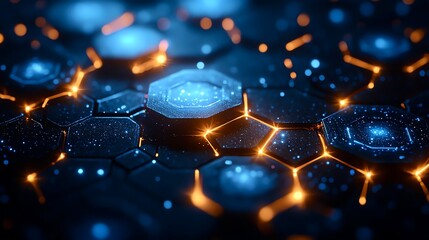 Glowing lines cross a blue hexagon in this 3D rendering. 