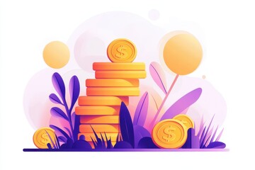 Stacked Coins with Leaves and Coins on a Colorful Background