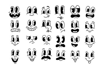 Cartoon expressive face emotions with exaggerated eyes and mouths in retro doodle style, Transparent Background