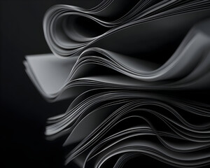 Obraz premium Abstract stack of wavy sheets in grayscale. Close-up view of textured layers, dynamic curves, and a dark background