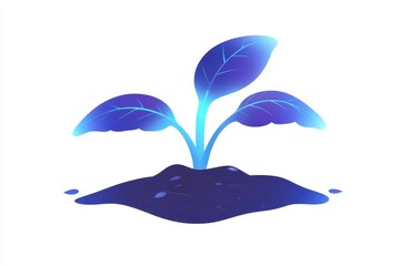 Stylized Blue Plant Growing on Soil with Bright Leaves and Background