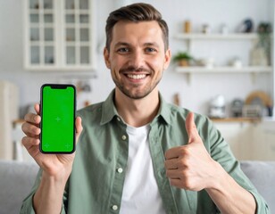 Happy Caucasian man smiling while showing a green screen smartphone display for a new app, giving a thumbs up at home.