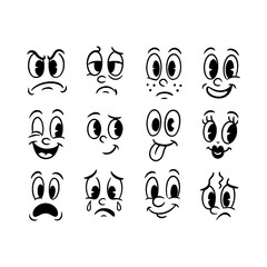 Cartoon expressive face emotions with exaggerated eyes and mouths in retro doodle style, Transparent Background