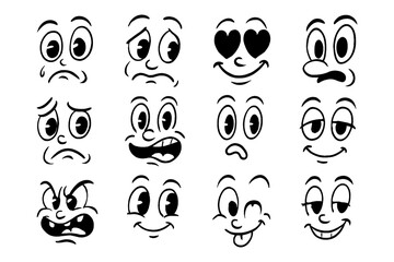 Cartoon expressive face emotions with exaggerated eyes and mouths in retro doodle style, Transparent Background