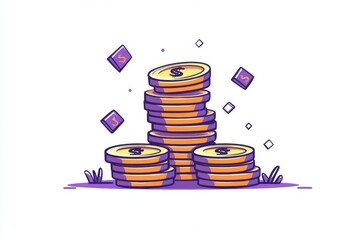 Stacked Coins and Dollar Symbols on a White Background