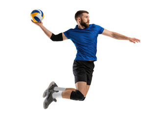 Male volleyball player in mid-air, catching ball
