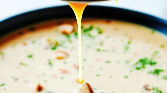 Creamy clam chowder bowl with spoon scooping rich seafood soup, garnished with fresh herbs, evokes warmth and comfort in every closeup