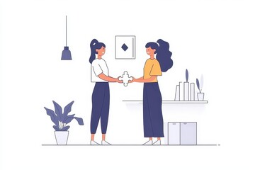 Two Women Collaborating on a Puzzle in a Modern Interior Space