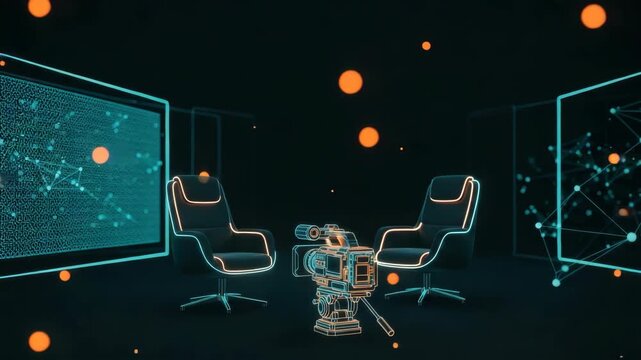 A modern studio setup featuring two sleek chairs and a professional video camera surrounded by abstract digital visuals and floating particles ideal for interviews or discussions on technology