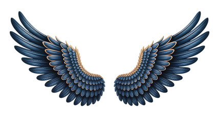 Fototapeta premium Pair of detailed blue and gold feathered wings isolated on transparent background