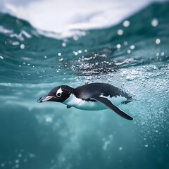 Penguin moves fast beneath icy glowing surface high resolution picture