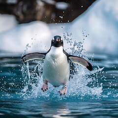 Penguin makes big splash with flapping wet wings high resolution picture