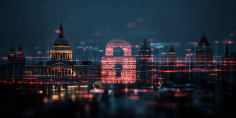 Digital lock overlaying cityscape symbolizes cybersecurity in urban environments, highlighting importance of protecting financial institutions from cyber threats