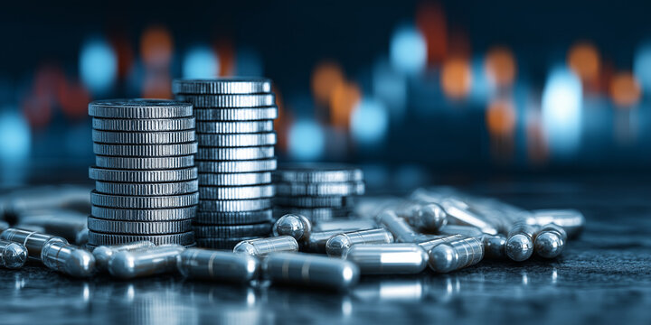 Stacks of coins and capsules are placed on reflective surface with blurred financial graph in background, symbolizing intersection of finance and healthcare innovation - Powered by Adobe