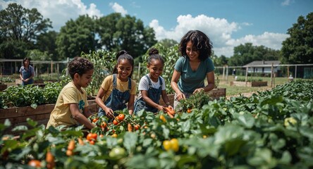 A family harvesting vegetables in a community garden on a sunny day with lush green foliage around them