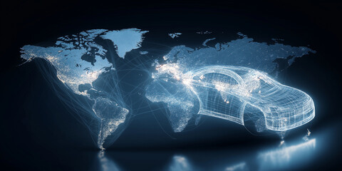 Digital rendering of car overlaying world map symbolizes future of global trade and autonomous vehicles. glowing lines and lights suggest connectivity and innovation