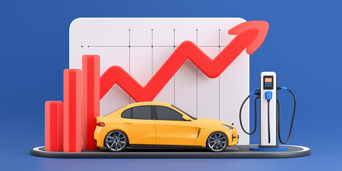 Yellow electric car is parked next to charging station, set against backdrop of rising red arrow and bar graph, symbolizing growth in electric vehicle market